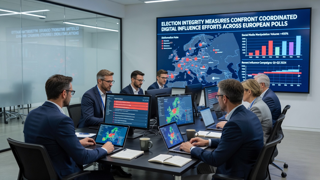 Team of analysts examining network graphs that map coordinated accounts ahead of a European election