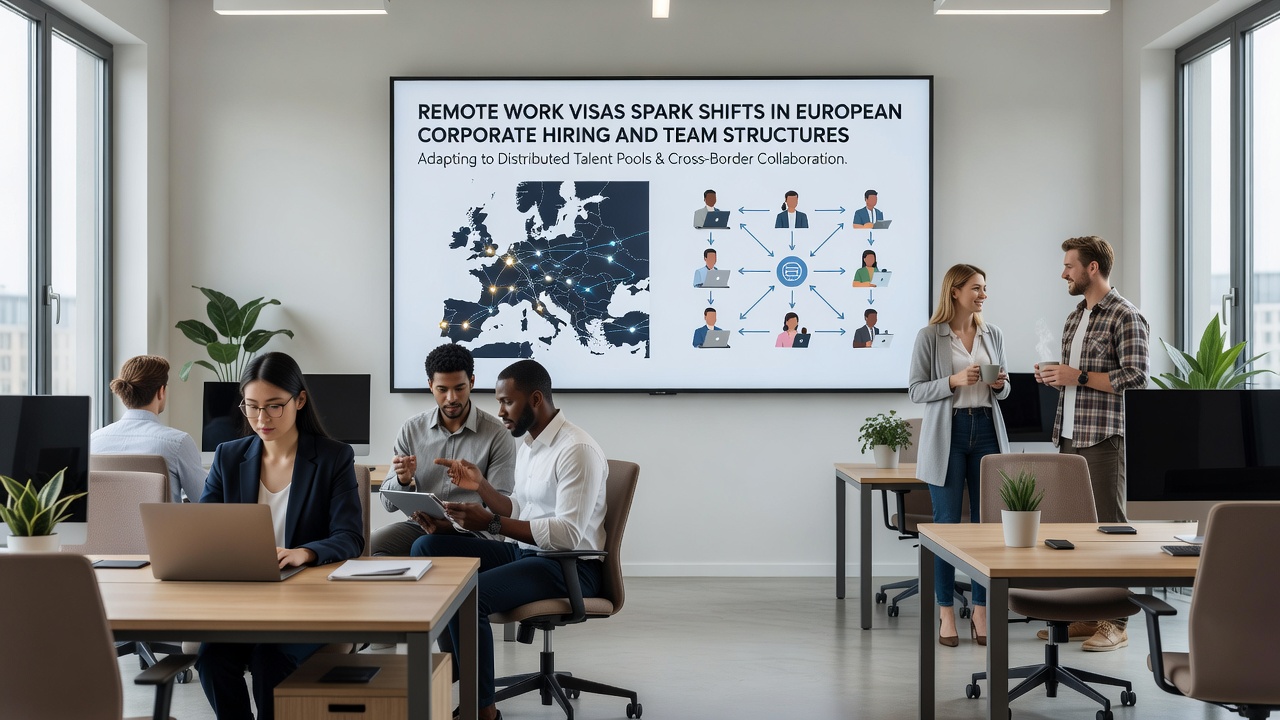 Distributed team members working from different European locations on shared digital platforms